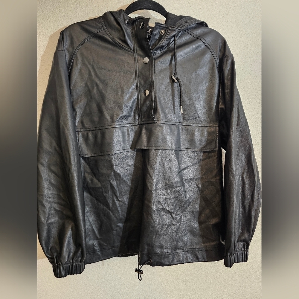 Topshop Hoodie Black Faux Leather 3-Snaps Pullover Pocket Drawcord - Picture 3 of 9